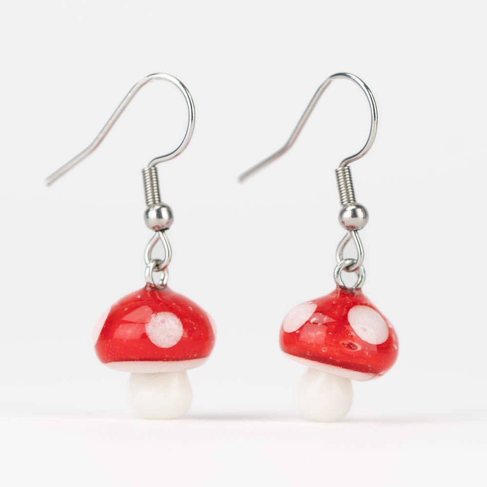 Dangle Earrings - Red Mushroom - Handmade Glass Beads - Unicorne Beads