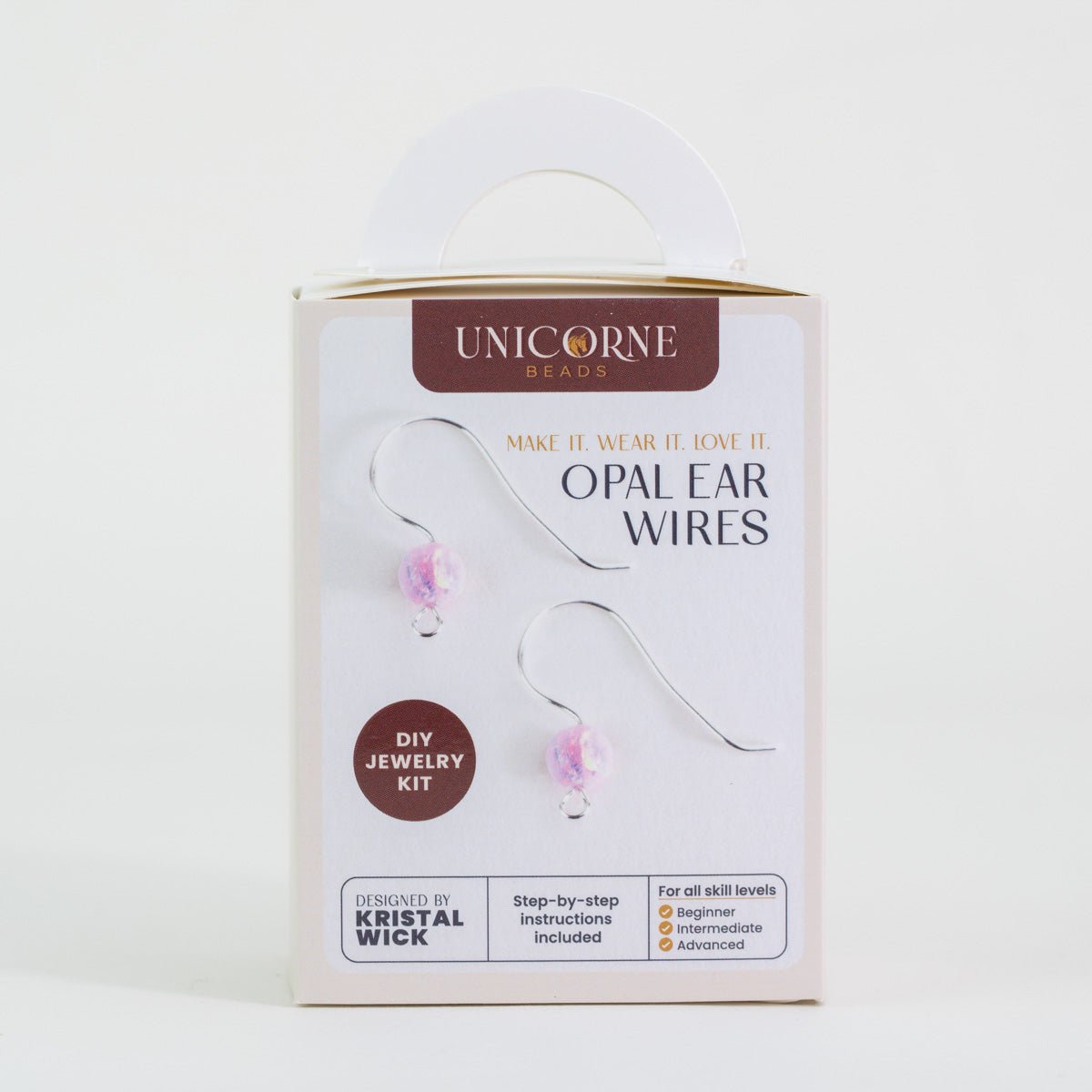 Front view of Pink Nova Opal Ear Wires DIY jewelry kit packaging by Unicorne Beads