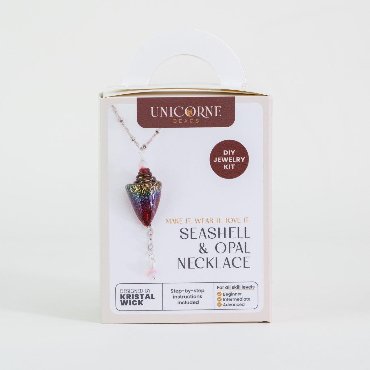 Ruby Rainbow seashell and opal necklace DIY kit packaging