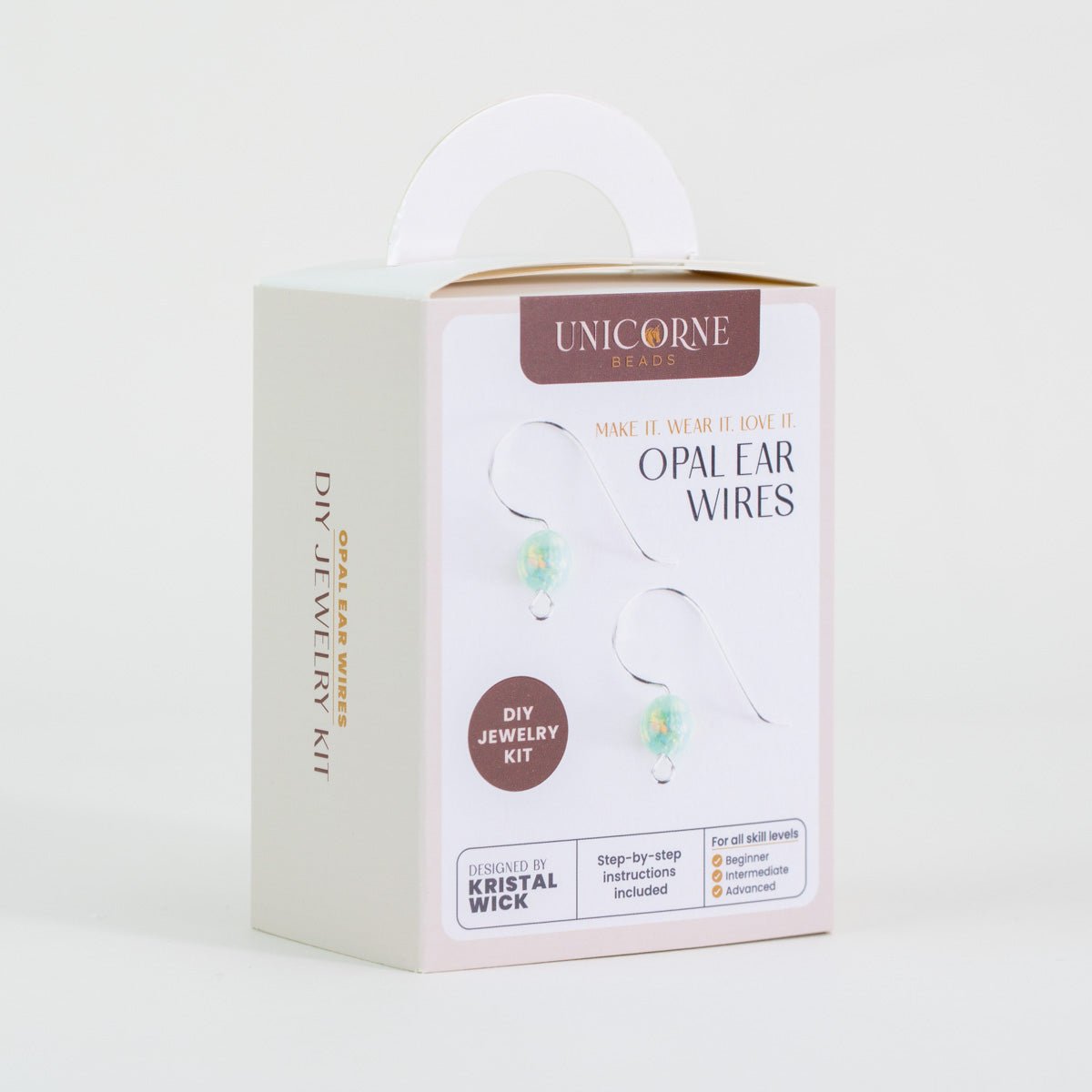 Angled view of Seafoam Dream Opal Ear Wires DIY Jewelry Kit box