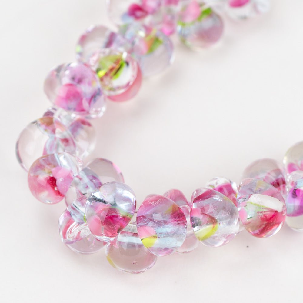 Teardrop Beads - Pink Tulips - Handmade Glass Beads - Unicorne Beads