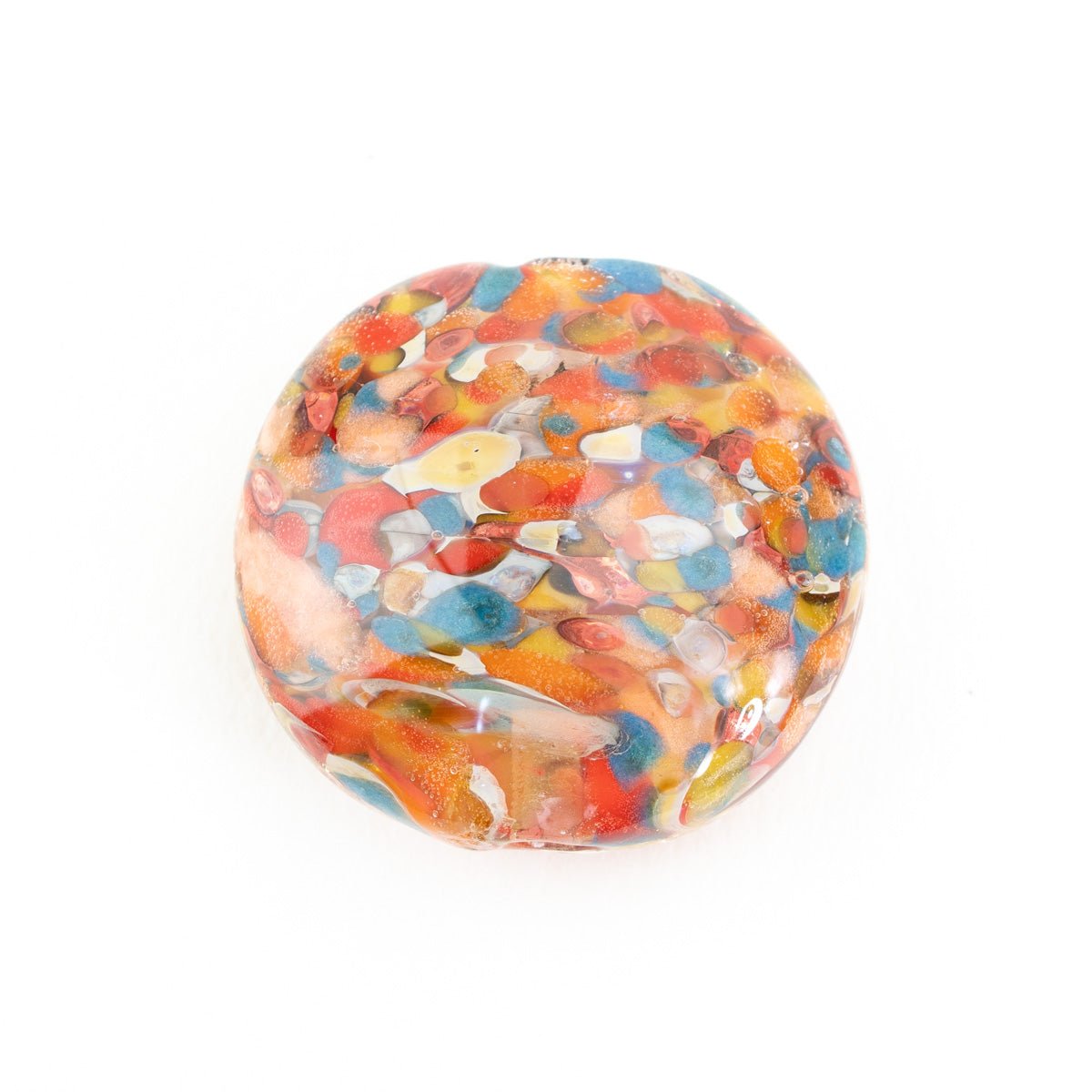 Bird of Paradise coin bead made from handmade lampwork glass with multicolor pattern