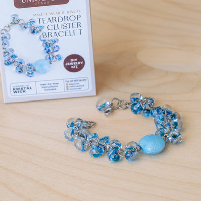 A completed teardrop cluster bracelet from the DIY glass bead kit from Unicorne beads