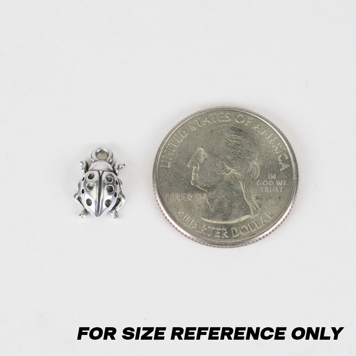A small silver ladybug charm shown next to a U.S. quarter