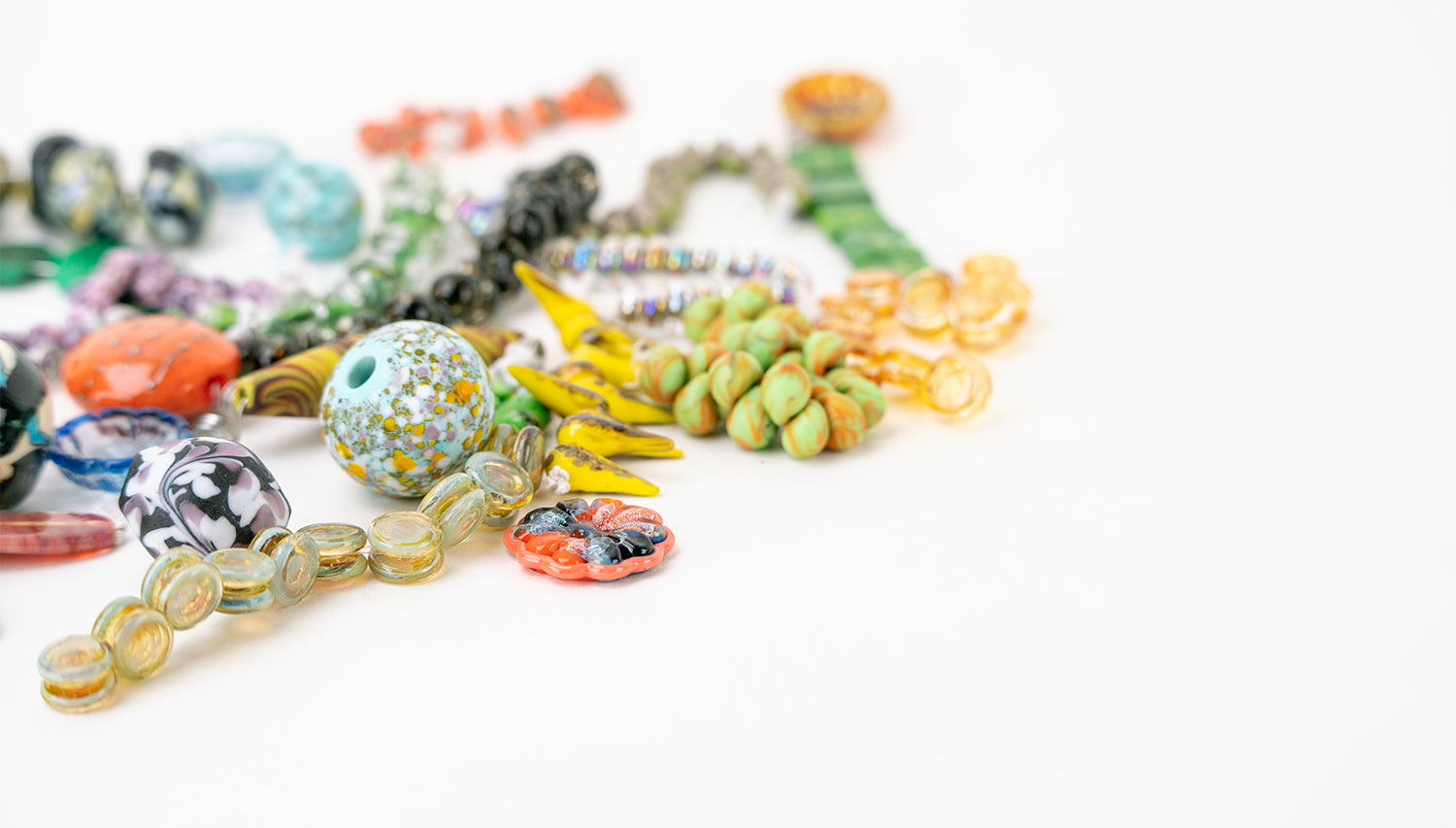 Collection of glass beads from Unicorne Beads clearance collection