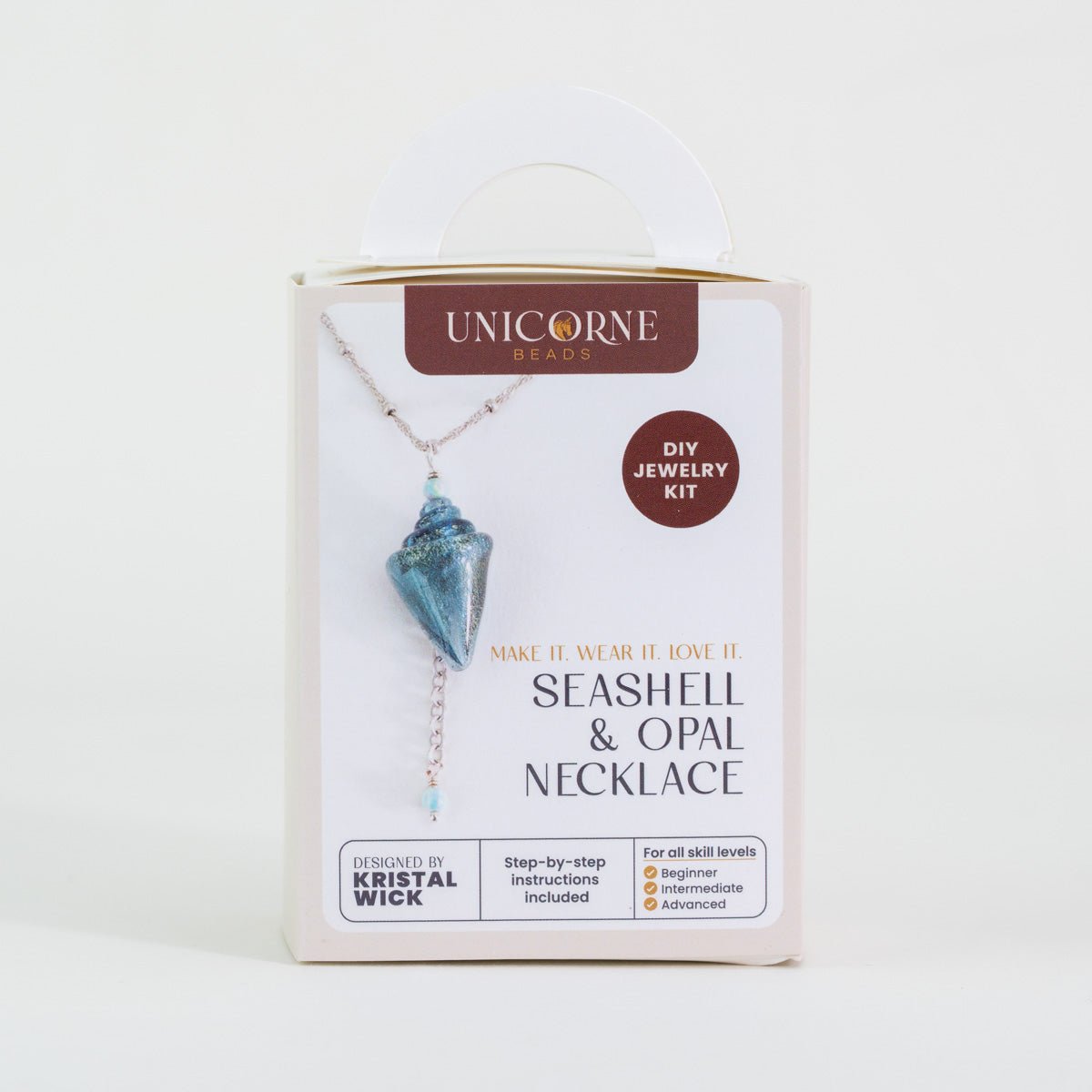 Finished Athena seashell and opal necklace with subtle drop detail