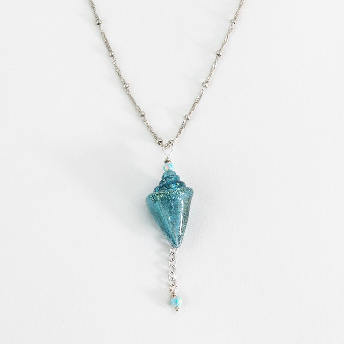 Handmade glass seashell focal with opal accents on silver chain