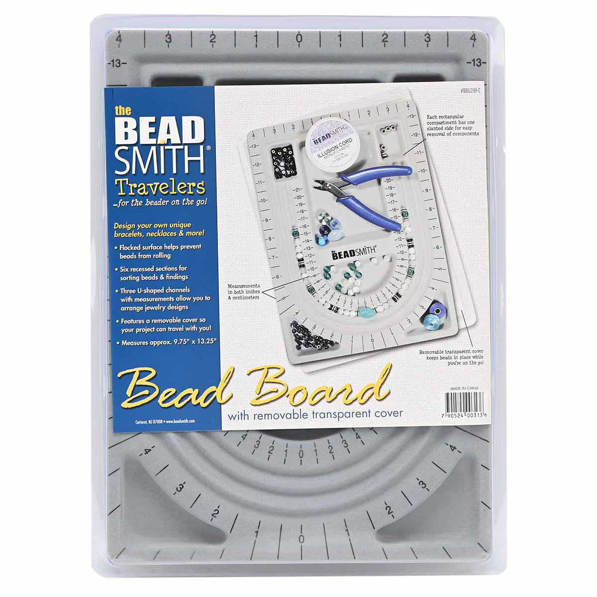 Bead board with inch and centimeter measurement markings