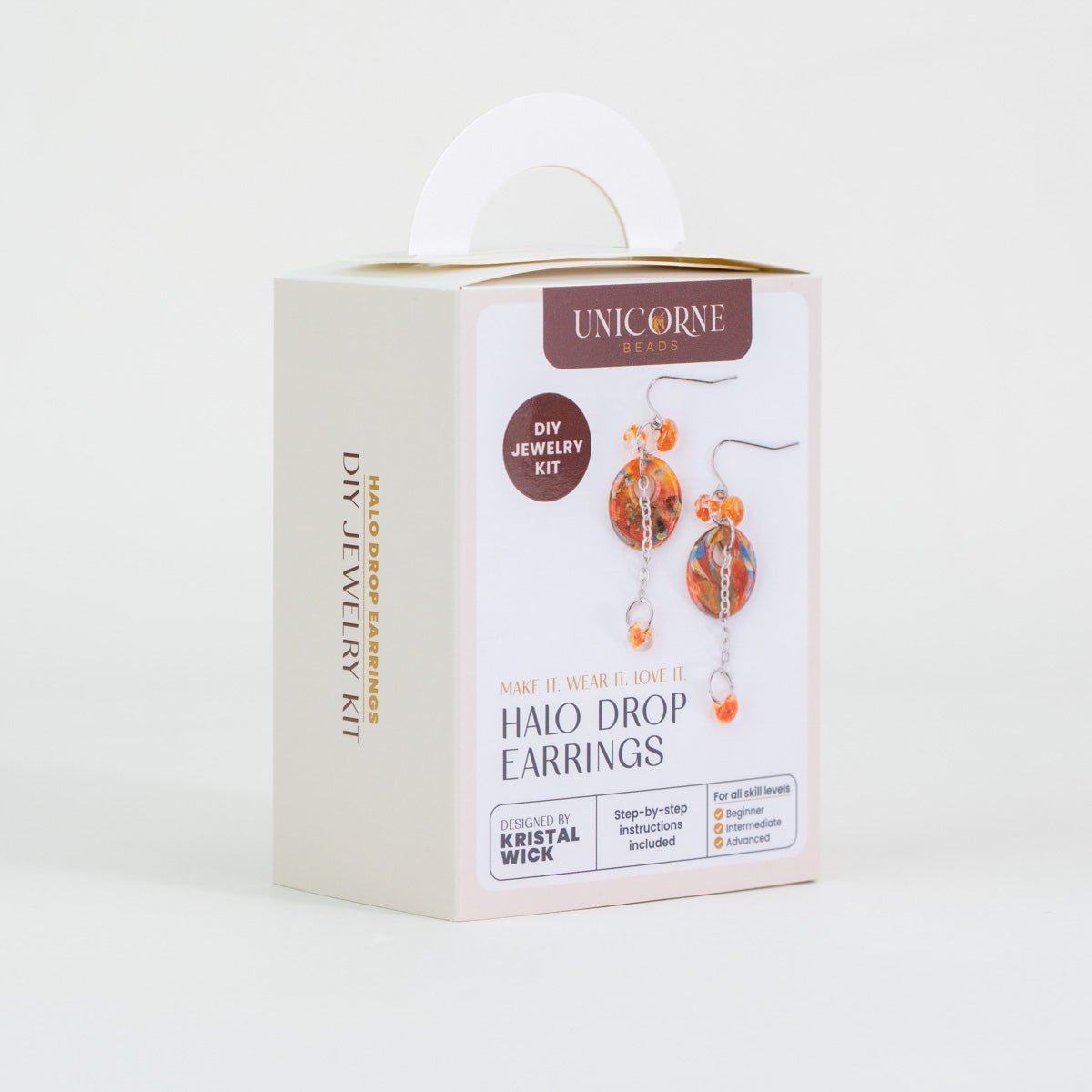 Angled view of Bird of Paradise Halo Drop Earrings DIY kit box