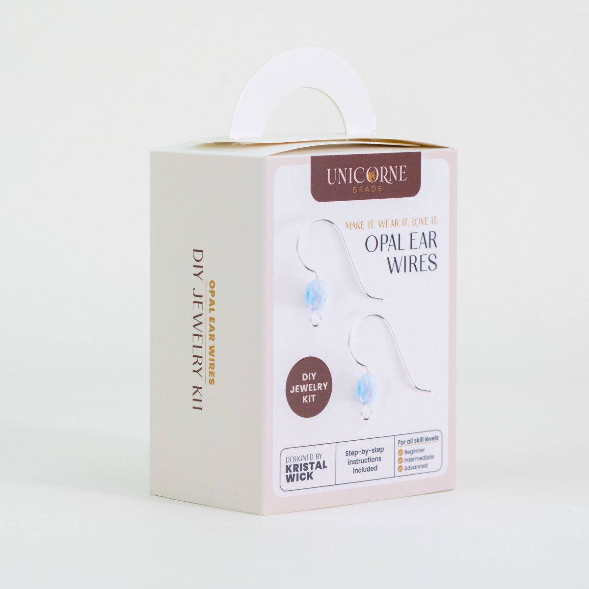 Angled view of Blue Whisper Opal Ear Wires DIY Jewelry Kit box