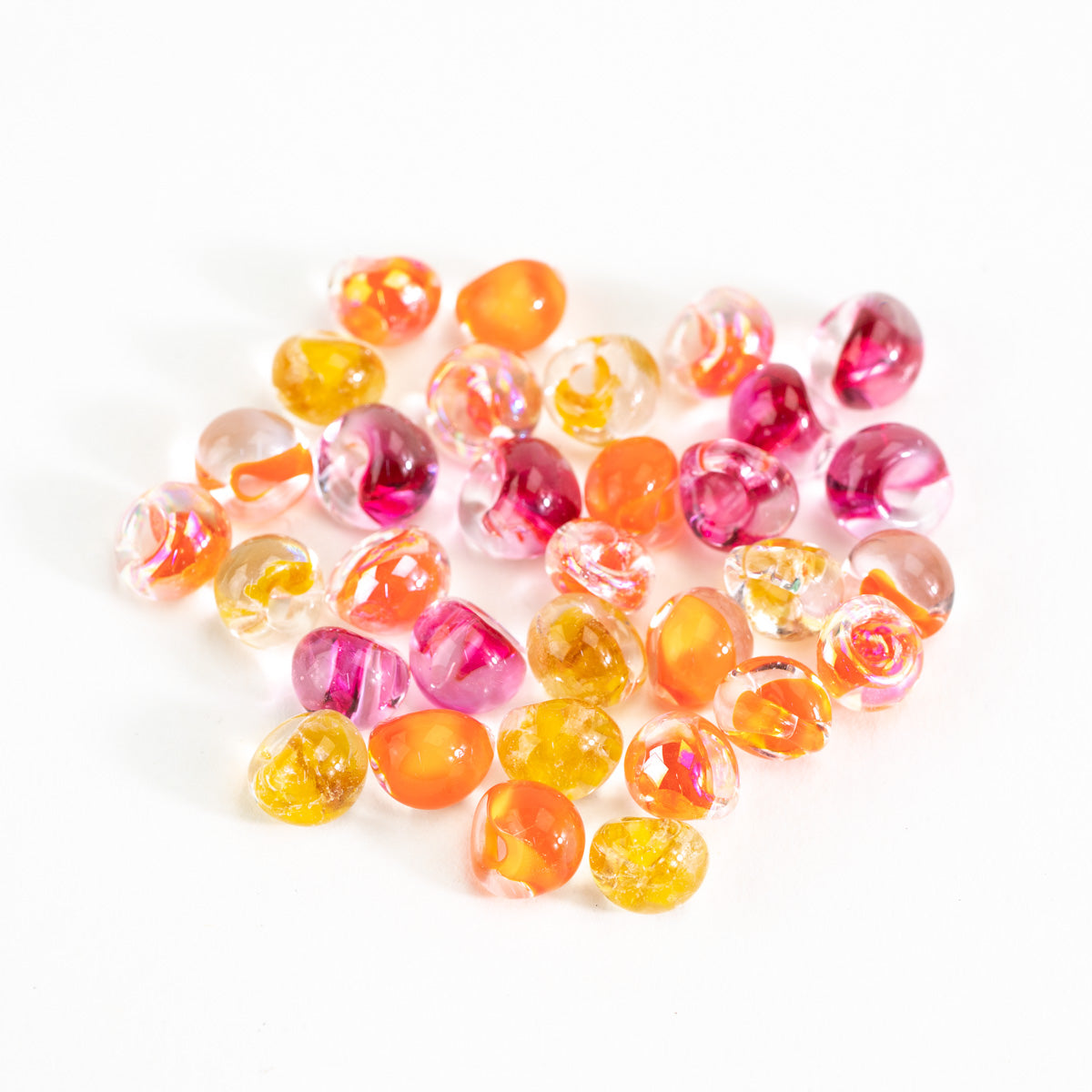 Citrus bloom teardrop glass bead tube with orange yellow and pink tones