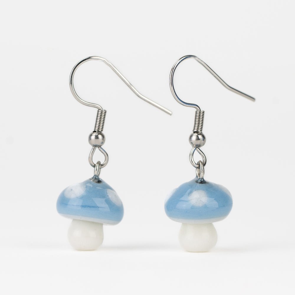 Dangle Earrings - Blue Mushrooms - Handmade Glass Beads - Unicorne Beads