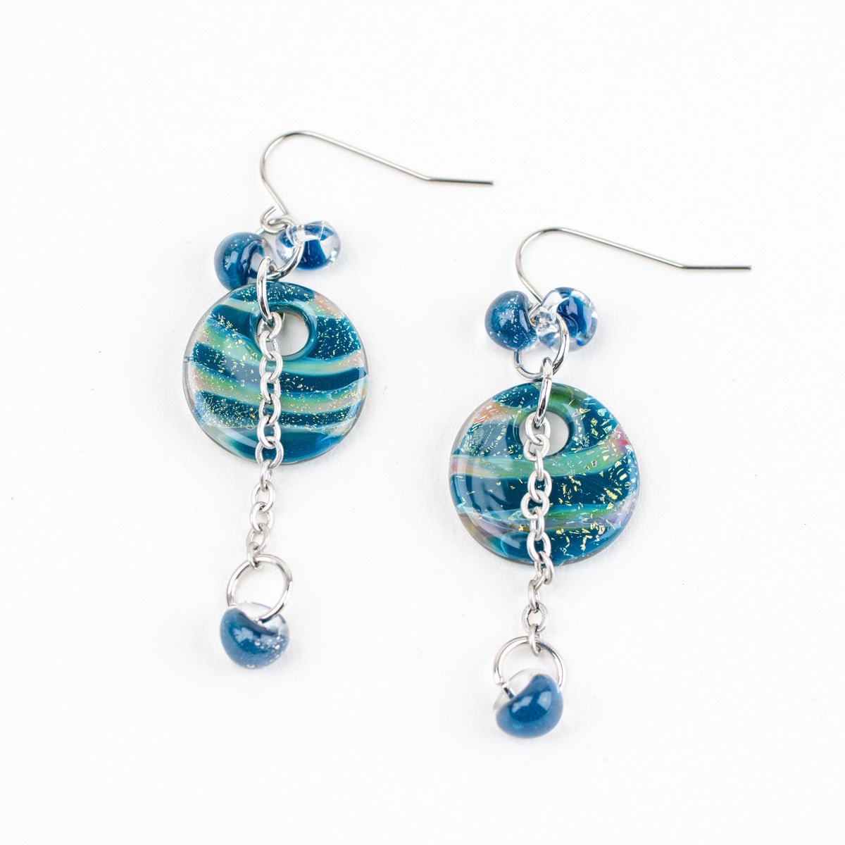 Handmade deep lagoon halo drop earrings with layered blue glass beads