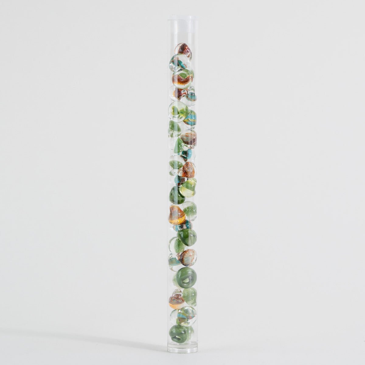 Handcrafted lampwork teardrop beads in earthy green, clear glass, and warm amber tones