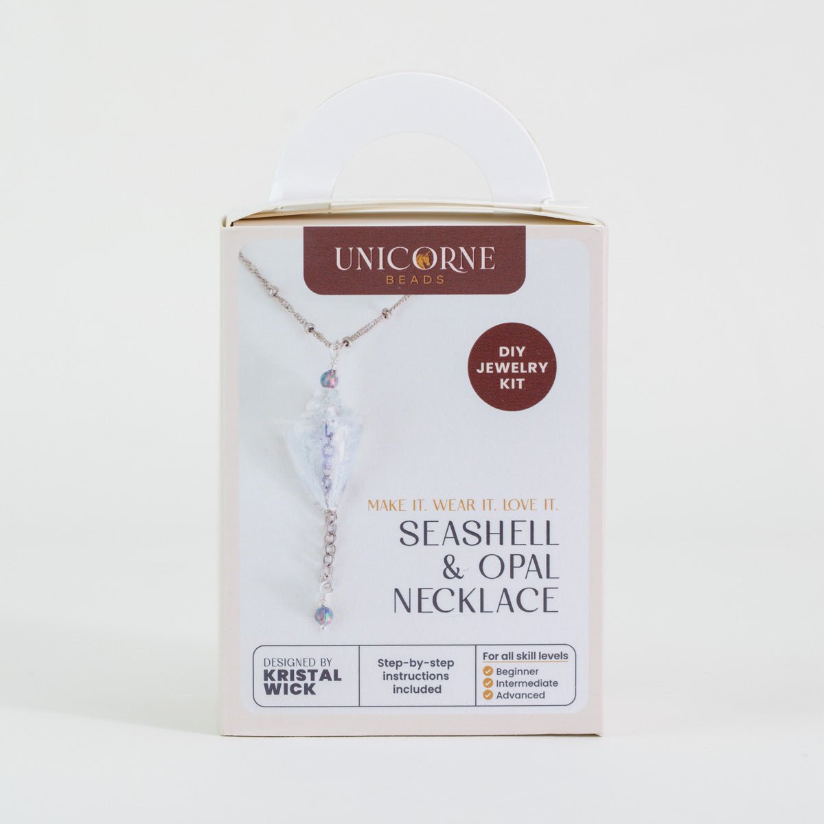Ghost Seashell and Opal Necklace DIY kit packaging by Unicorne Beads