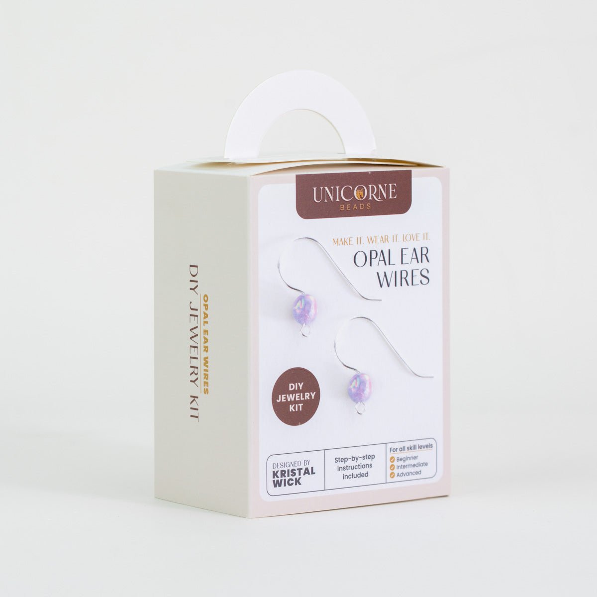 Side view of lavender aurora opal ear wires DIY jewelry kit box