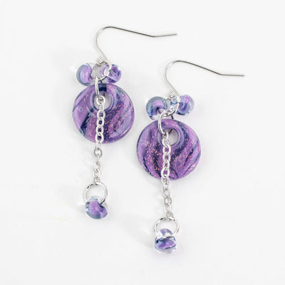 Handmade Mystic Lavender halo drop earrings with glass beads and chain detail