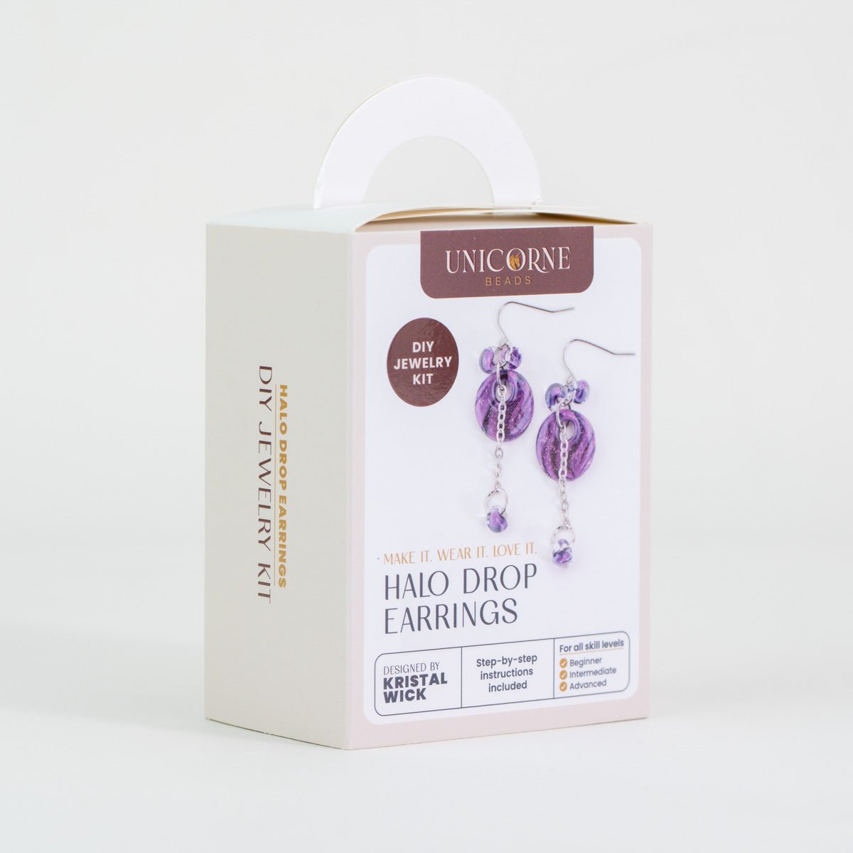 Angled view of Mystic Lavender Halo Drop Earrings DIY kit box by Unicorne Beads