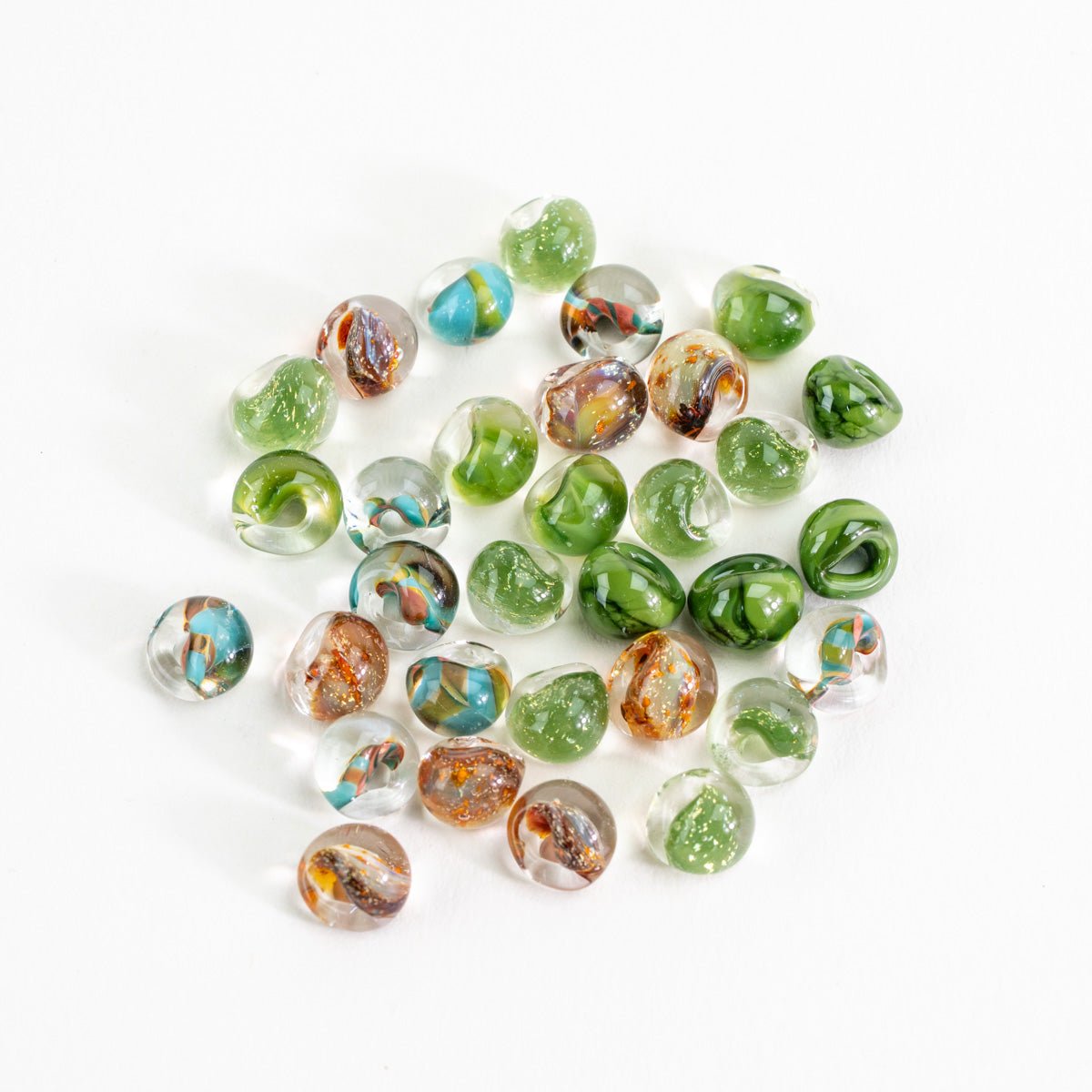 Rooted Earth palette teardrop glass bead tube with mixed green, amber, and clear handmade beads