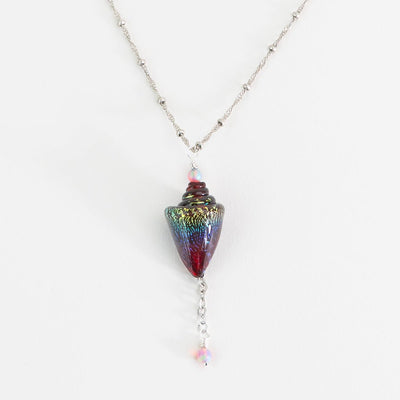 Handmade ruby rainbow glass seashell focal bead with opal accents
