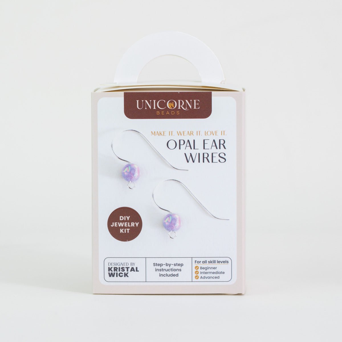 Unicorne Beads DIY Jewelry Kit packaging for opal ear wire earrings